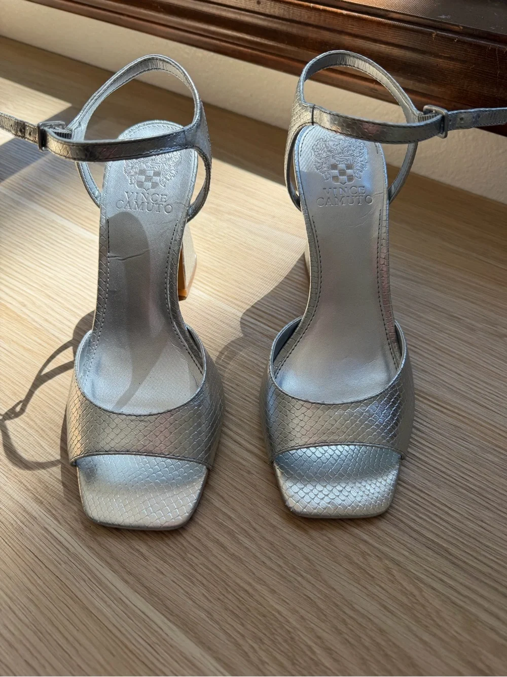 Vince Camuto Silver Textured Block Heel Sandals with Ankle Strap